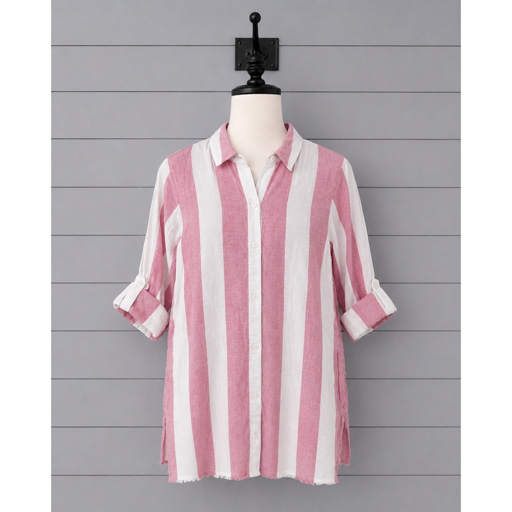 Tommy Bahama Tunic or Dress XS Pink White Striped Linen Roll Tab Fringe Hem